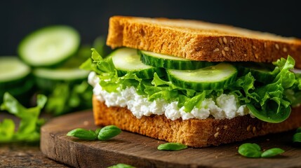 Fresh sandwich with lettuce and cucumber served on wooden board, perfect for healthy meal enthusiasts and food photography.