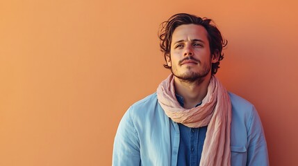Obraz premium Serene Man with Soft Scarf in Pastel Minimalist Setting