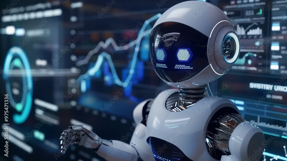 Poster a futuristic ai robot working with business data statistics, business growth or audit data analysis 