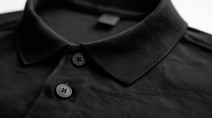 Closeup of black polo shirt collar button detail on white background . Concept Fashion, Studio Photography, Men's Wear, Clothing Details, Classic Style