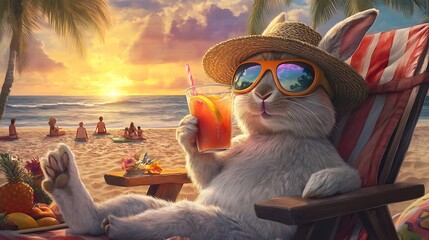 Summer Bunny Relaxing at Beach with Fruit Punch - Cute Rabbit in Sun Hat and Goggles Enjoying Sunset Holiday Scene