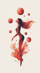 A graceful woman with flowing hair surrounded by planets and flowers in vibrant tones.