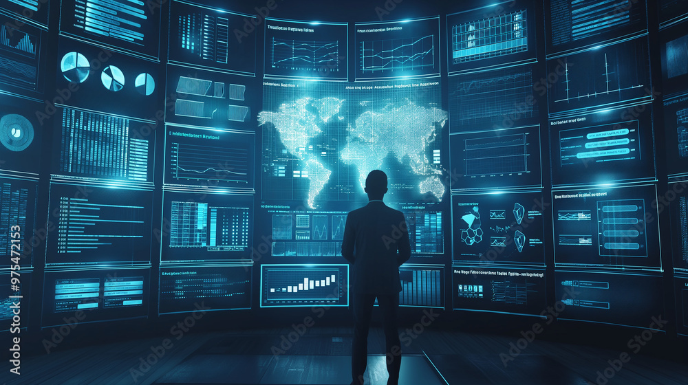 Poster a futuristic ai robot working with business data statistics, business growth or audit data analysis 