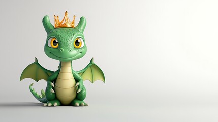 Cheerful Cartoon-Style Dragon Chibi Character with Crown in 3D Rendering for Blind Box Toy Design on White Background - High Quality Illustration