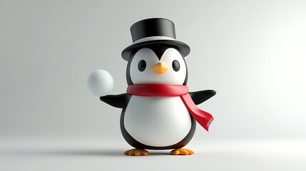 Fototapeta premium Charming Chibi Penguin 3D Rendering in Cartoon Style with Red Scarf and Top Hat Holding Snowball - Blind Box Toy Design Concept