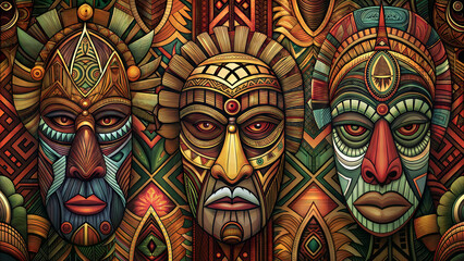 Artistic collection of tribal masks showcasing intricate designs and vibrant colors in a bold presentation