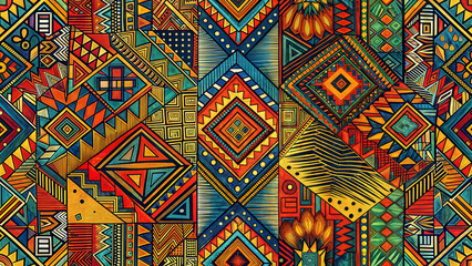 Fototapeta premium Seamless bold tribal geometric pattern with vibrant colors and intricate designs in an energetic style