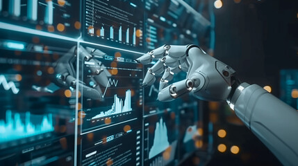 a futuristic AI robot working with business data statistics, business growth or audit data analysis through artificial intelligence technology