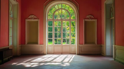 Fototapeta premium An empty room with a large arched window and a pink wall, sunlight streaming through the window.