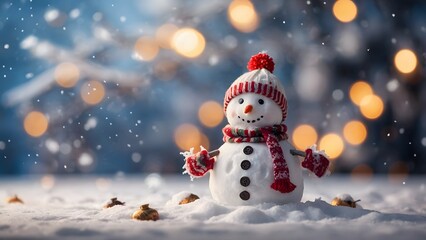 Obraz premium A cheerful little snowman wearing a striped hat and scarf sits alone in soft snow with glowing holiday lights creating a magical winter.