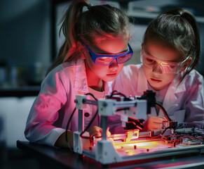 Children learning 3d printing. Eye glasses. School technology class.