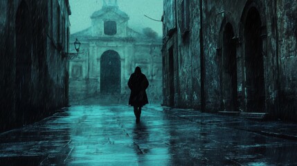 A solitary figure traverses a rain-soaked street, embodying a sense of isolation amid a captivating, melancholic backdrop