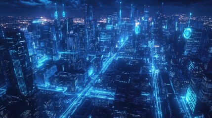A futuristic city skyline at night with glowing blue lights and digital overlays.