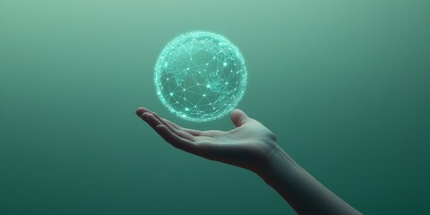 Hand holding a digital globe with connections on a green background