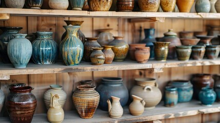 Handcrafted pottery displayed on wooden shelves, showcasing unique and artistic ceramic pieces.