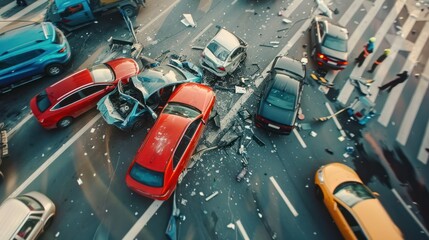 Highway collision involving multiple vehicles. Concept Car accident, Traffic collision, Multi-vehicle crash, Emergency response, Highway safety.