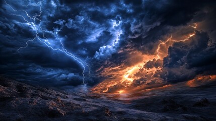 Fototapeta premium A stormy sky filled with dark clouds and lightning striking a barren landscape