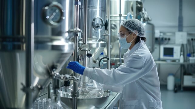 Lab technician monitors bioreactor vessels in pharmaceutical production showcasing biotech aspect. Concept Pharmaceutical Production, Bioreactor Monitoring, Lab Technician, Biotech