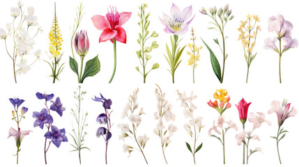 Set of watercolor wildflowers painting isolated on clear png background and transparent background. Fresh and nature concept for nature decorative and flower element, AI generative.	