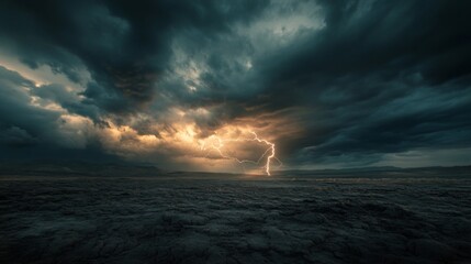 Fototapeta premium A stormy sky filled with dark clouds and lightning striking a barren landscape