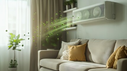 Sleek air conditioner in a cozy living room, visualizing bacteria removal through green particles being cleared from the air.