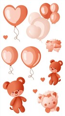 Cute cartoon animals with heart balloons in soft pastel colors.