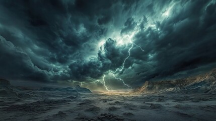 A stormy sky filled with dark clouds and lightning striking a barren landscape