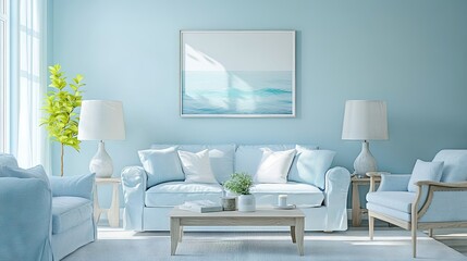 Soft light blue living room with light blue walls, light blue furniture, and subtle coastal decor.