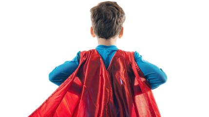 Superhero kid back view on transparent background