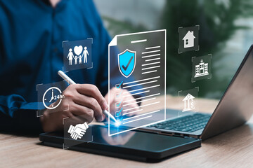 Insurance condition checklist, Certificate of insurance concept, Businessman checkmark on insurance document, Family, Health care,  Transport travel, Policy condition Financial, Benefits of insured