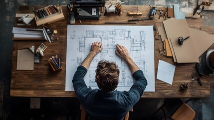 Top View of a Man Reviewing Architectural Drawings