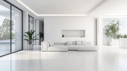 Fototapeta premium Spacious white living room with white walls, white flooring, and a modern design aesthetic.