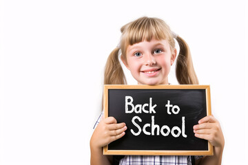 A charming elementary school girl in uniform holds a small blackboard sign that reads "Back to School" with a fresh smile