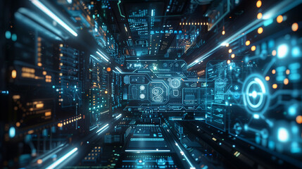 Fototapeta premium futuristic artificial intelligence based digital business data statistics management technology visualization through virtual display of icons or layers of virtual data layouts