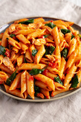 Homemade One-Pot Spinach And Tomato Pasta on a Plate, side view.