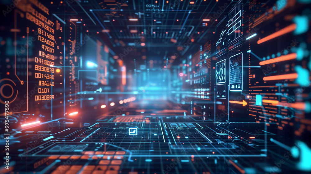 Poster futuristic artificial intelligence based digital business data statistics management technology visualization through virtual display of icons or layers of virtual data layouts