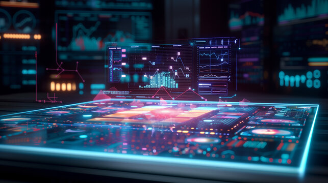futuristic artificial intelligence based digital business data statistics management technology visualization through virtual display of icons or layers of virtual data layouts