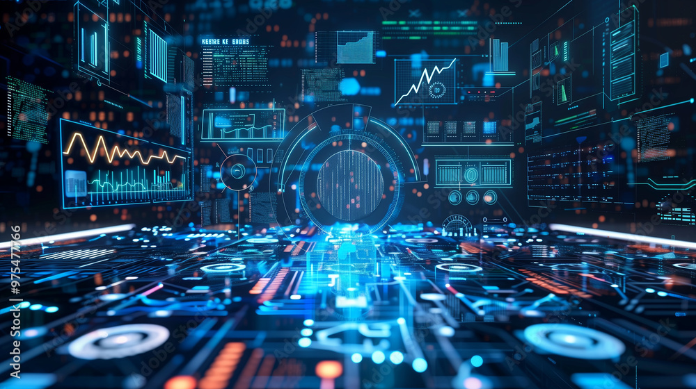 Poster futuristic artificial intelligence based digital business data statistics management technology visu