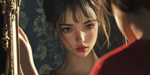 Naklejka premium A young woman gazes thoughtfully into a vintage mirror. Her expressive eyes reflect deep emotion. This portrait showcases soft lighting and delicate features. Perfect for artistic collections. AI