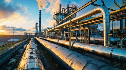 Fototapeta premium Power plant pipelines transport energy for electricity generation. Concept Energy transportation, Power plant infrastructure, Electricity generation, Fossil fuel industry, Environmental impact.