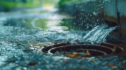 Rainwater flowing into city storm drain from downpipe in urban setting. Concept City Infrastructure, Stormwater Management, Urban Drainage, Environmental Impact, Water Runoff