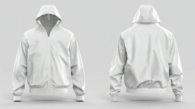 Design mockup of white windbreaker jacket from front and back perspectives. Concept Sure, I can help you create a design mockup of a white windbreaker jacket from both front and back perspectives