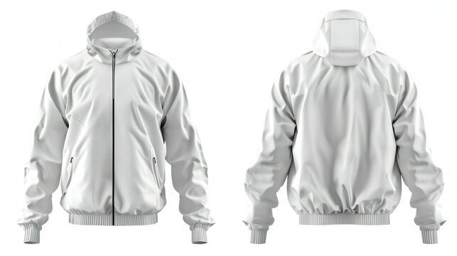Design mockup of white windbreaker jacket from front and back perspectives. Concept Sure, I can help you create a design mockup of a white windbreaker jacket from both front and back perspectives