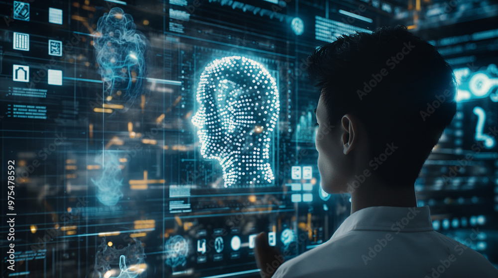 Poster futuristic artificial intelligence based digital human resource management technology visualization 