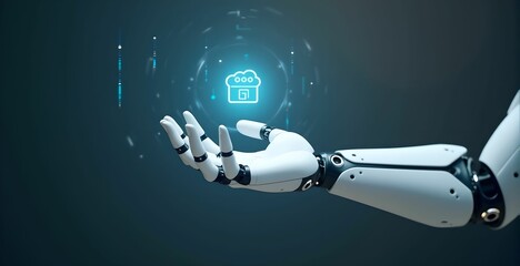 White humanoid hand using digital artificial intelligence icon hologram 3D rendering