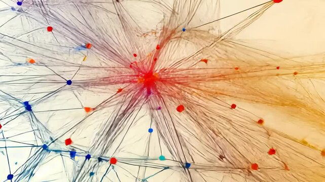 Exploring vibrant visualizations of interconnected data points in abstract art during a digital art exhibition