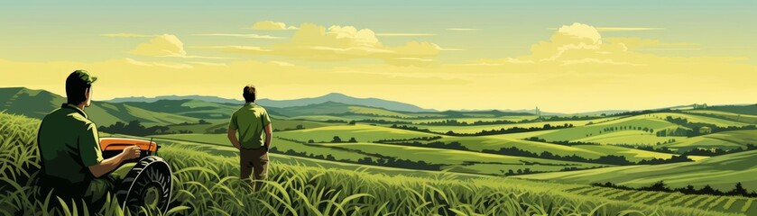 A pair of farmers discussing over a farm fence, a field of corn behind them in this conversational illustration