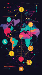 Obraz premium Abstract illustration of a world map with interconnected dollar signs representing global finance and trade.