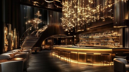 Luxurious bar with a long, curved counter, a grand staircase, and a large chandelier.