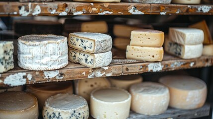 Variety of cheese showcased in a traditional shop window. Close-up shot of cheese wheels and blocks displayed on shelves. Ideal for representing artisanal food, gourmet products, and culinary arts.